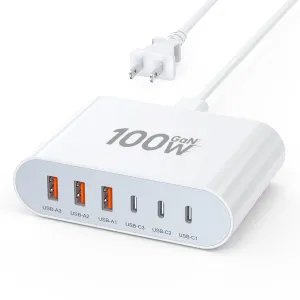 100W USB C Fast Charger Block Compact GaN 6 Port PD USB C and QC USB A Wall Charger Type C Charging Station Hub Adapter Plug Cube Brick for iPhone 15 14 13 12 Pro Max iPad Pro Air Samsung Pixel LG