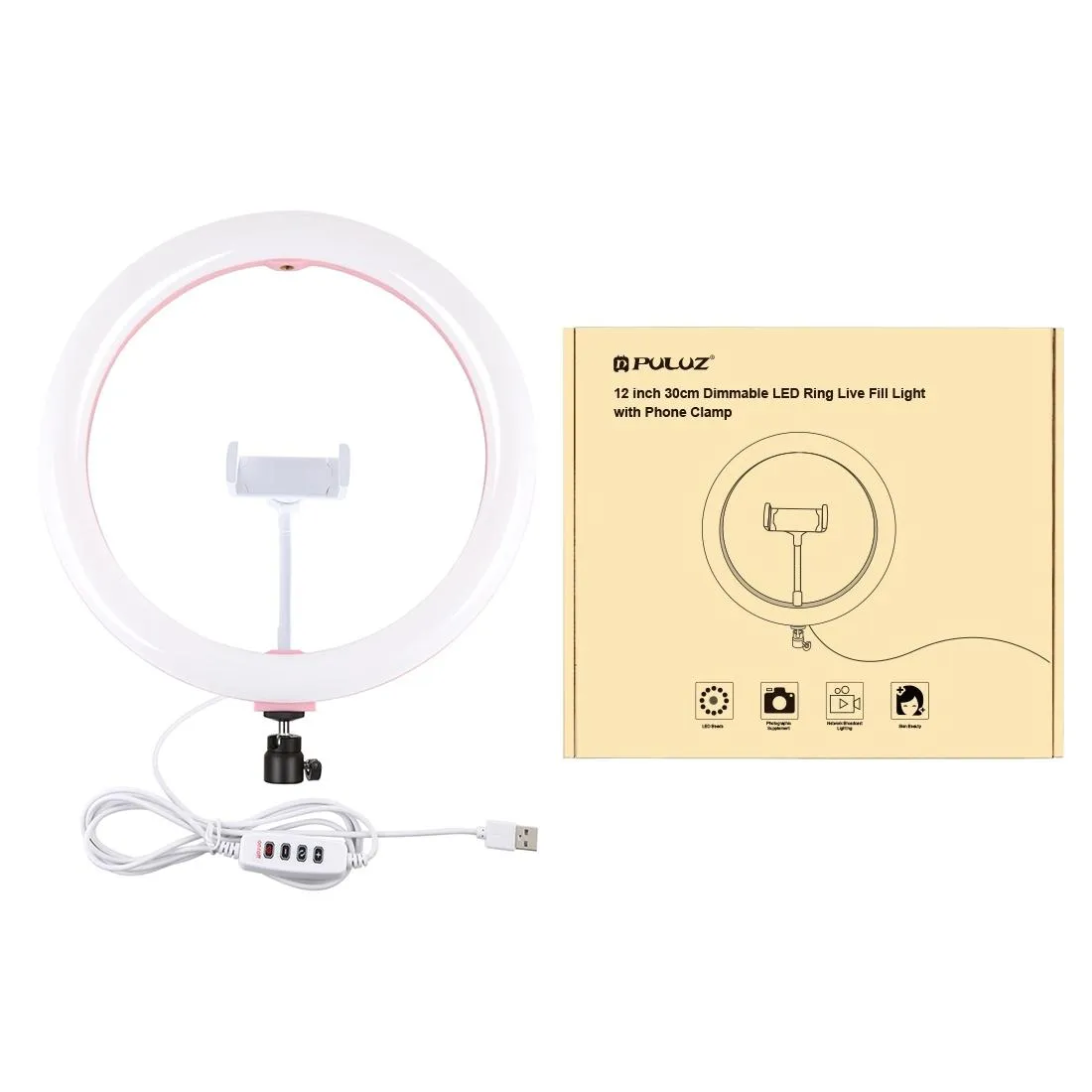 30cm USB Dual Colour LED Ring Light with Phone Clamp | Black