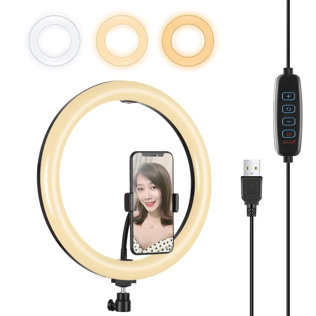 30cm USB Dual Colour LED Ring Light with Phone Clamp | Black