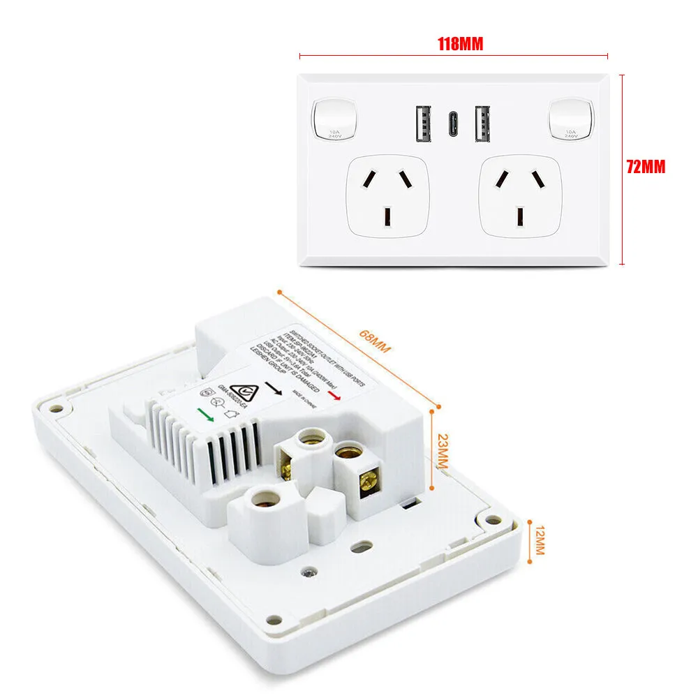 5PCS Double Power Point Dual USB   Type-C GPO | Fast Charge 3.6 Amp Wall Outlet