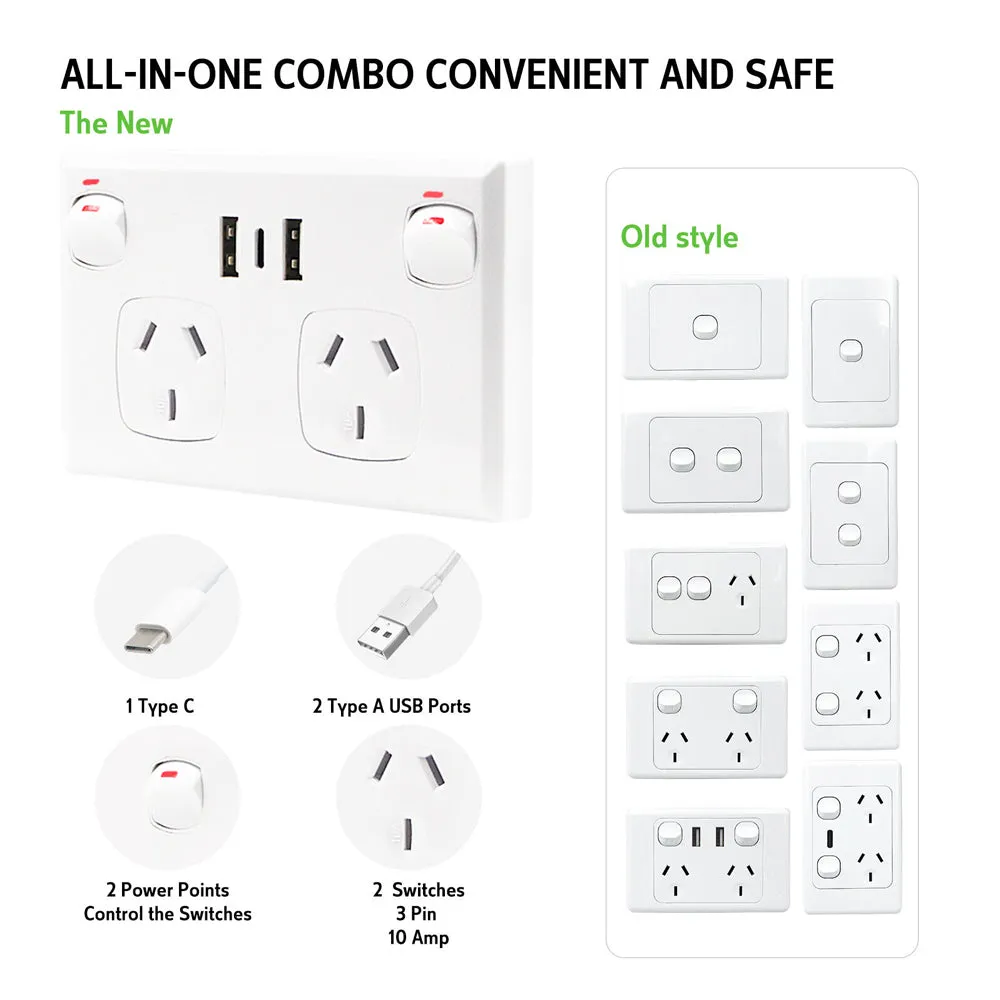 5PCS Double Power Point Dual USB   Type-C GPO | Fast Charge 3.6 Amp Wall Outlet