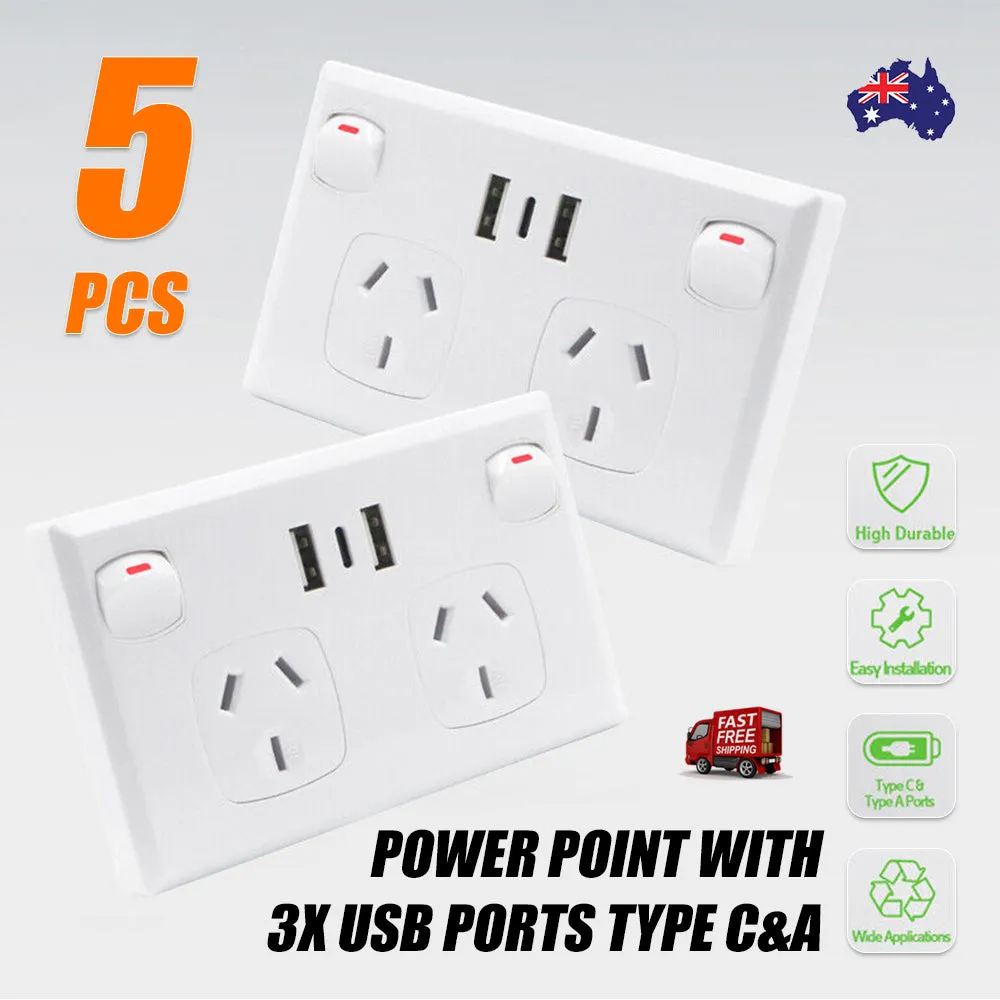 5PCS Double Power Point Dual USB   Type-C GPO | Fast Charge 3.6 Amp Wall Outlet