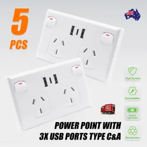 5PCS Double Power Point Dual USB   Type-C GPO | Fast Charge 3.6 Amp Wall Outlet