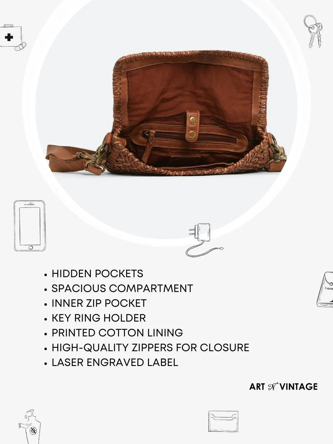 Genuine Cognac Leather Sling Bag