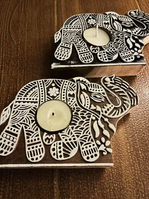 Handcrafted Wooden Tealight holders Elephant design Set Of 2