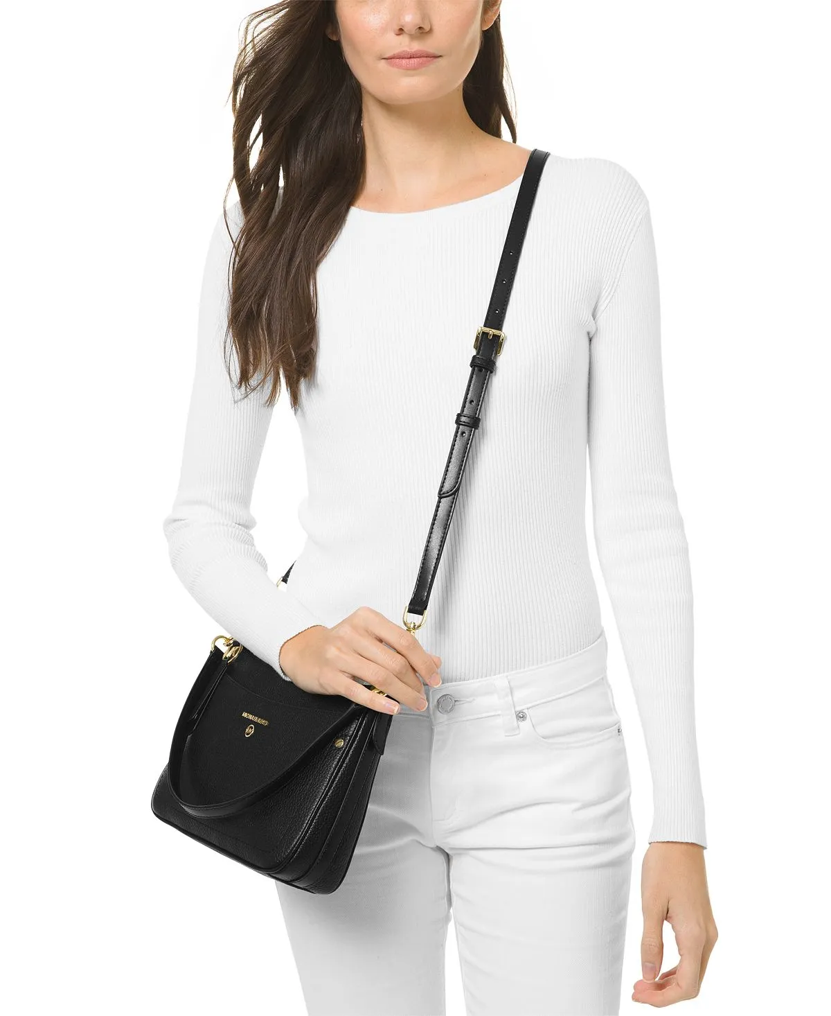 Michael Kors Women's Jet Set Leather Crossbody Bag with Charm and Zipper, Black